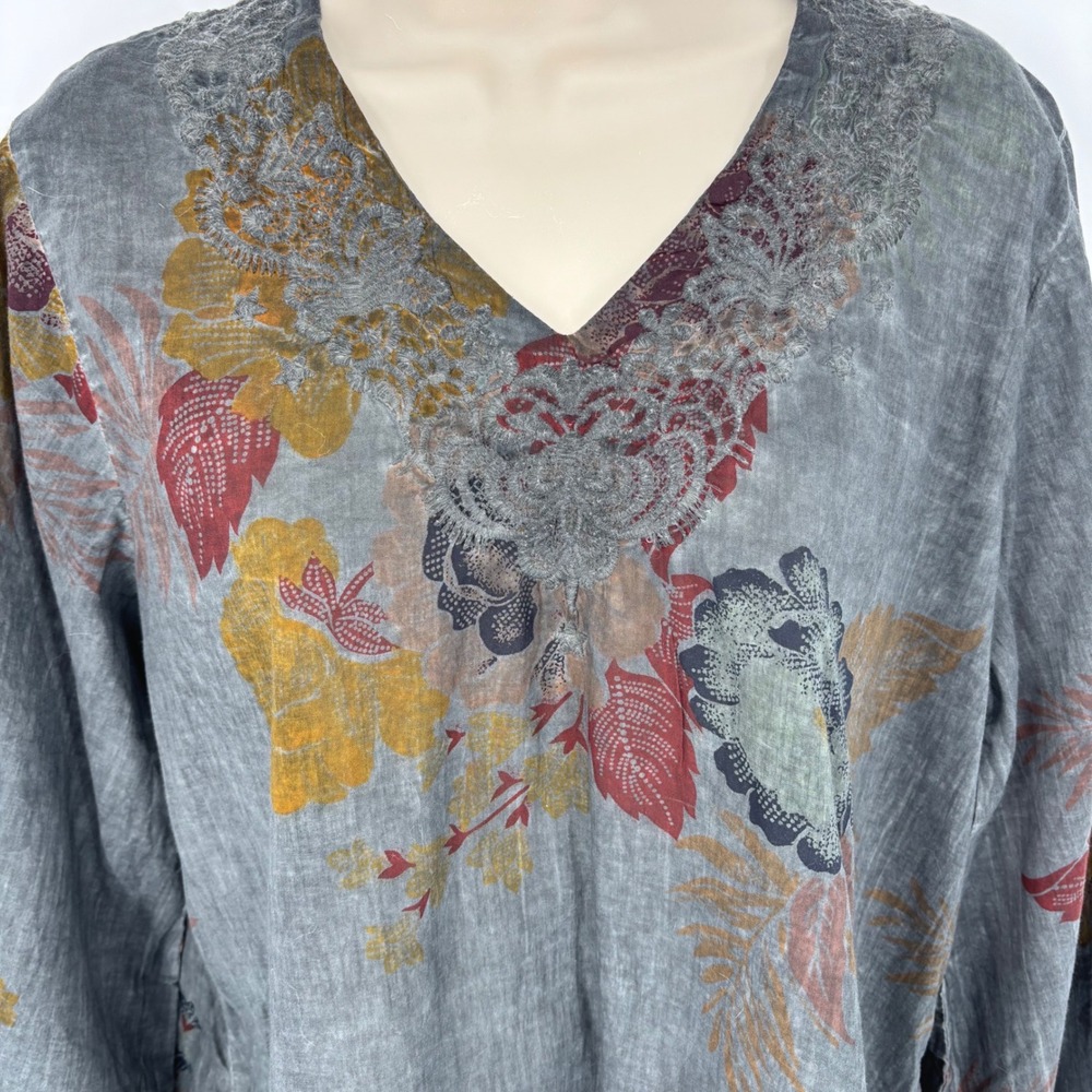 Vintage Goa Womens Gray Floral Lace V-Neck Cotton Tunic Top Rust Iron Sz M